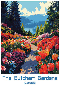 Butchart Gardens Illustration. Vector Landscape with Flowers and Trees.