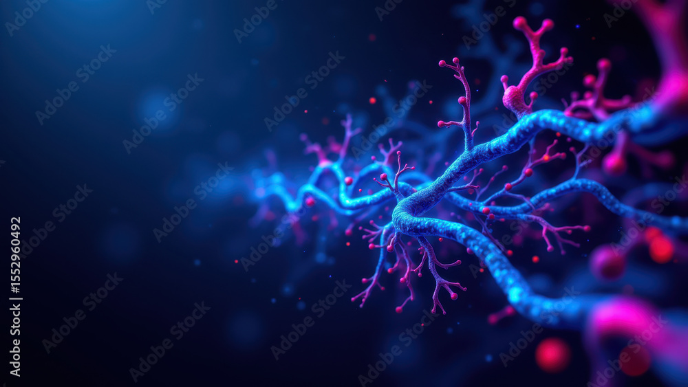 Poster a vibrant digital illustration showcasing a neural network with highlighted synapses against a blue 