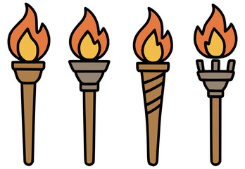medieval torches fire flame set flat color vector illustration template design