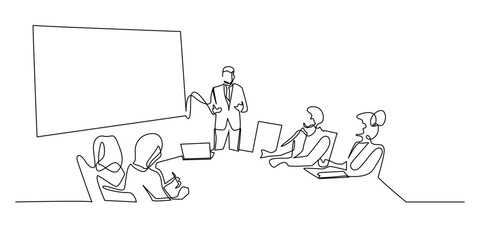 one continuous line business meeting.vector single line man presenting business project in front of work team.business partner,business cooperation.vector illustration eps 10