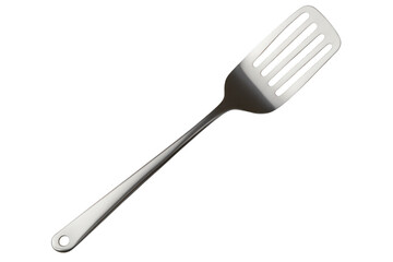 A gleaming metal spatula with slots and a hanging hole isolated on a transparent background