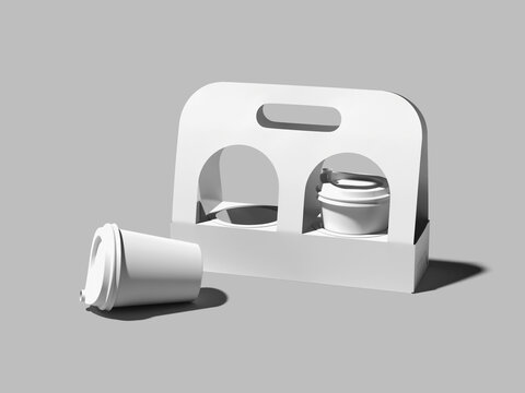 White Blank Two Coffee Cups with Holder Mockup 3D Rendering For Takeaway Packaging
