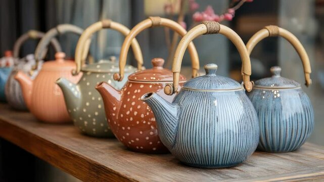 Row of teapots on a wooden table, great for still life photography or home decor