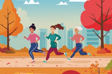 Diverse women jog in a city park, embracing an active, healthy lifestyle vector illustration