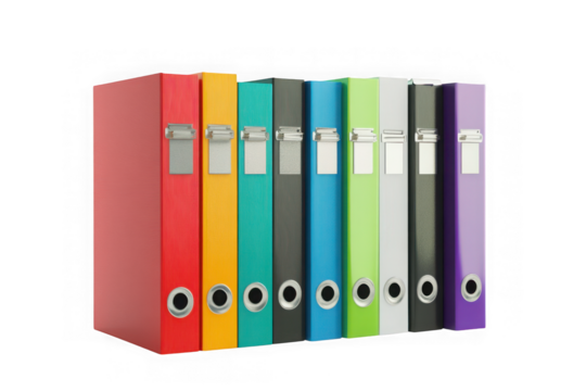 Colorful office file folder set png, red, yellow, green, blue, black, purple binder collection for documents and paperwork, isolated on transparent background
