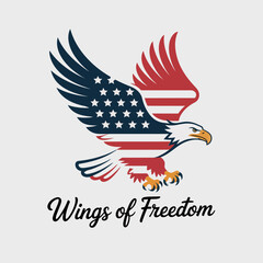 Soaring eagle with dual toned wings and wings of freedom caption over white background  