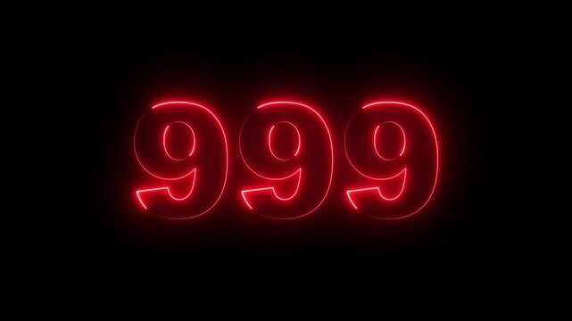 neon glowing red text 999 number  sign icon animation on a black background. Neon number 999 text with alpha channel, neon numbers, Bright neon glowing number 999 light red color symbol, neon text.