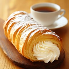 Delicious cream-filled pastry delight with tea for a relaxing moment of indulgence