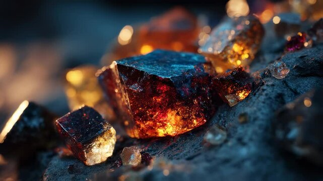 Close-Up of Glowing Crystals and Minerals on a Rock Surface for Textures and Backgrounds