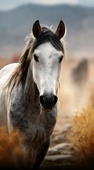 Majestic gray horse wandering through golden grassland at sunset near sprawling mountains