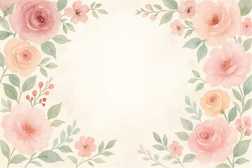 Vintage floral background with romantic pink roses, elegant frame, and decorative hearts for a wedding or Valentine's Day card design