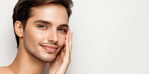 Fototapeta premium Man with Perfect Skin Applying Beauty Essence Skincare and Smiling in Elegant Studio Setting