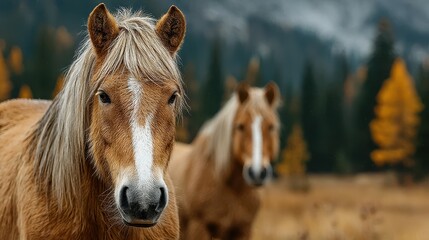 Two horses grazing in a serene autumn landscape surrounded by trees and mountains