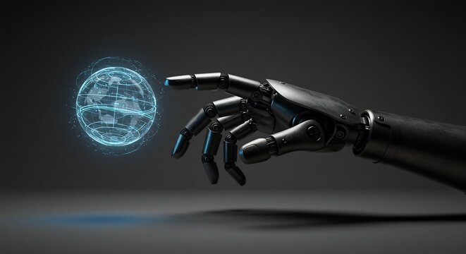 Robot Hand Touching Digital Globe: Futuristic Technology Connecting the World with AI