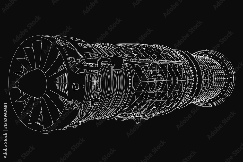 Poster a detailed 3d model of a jet engine blueprint on a black background, showcasing intricate turbine co
