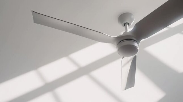 Modern and calm looping background of a ceiling fan's shadow in soft, rhythmic motion on a clean white wall.

