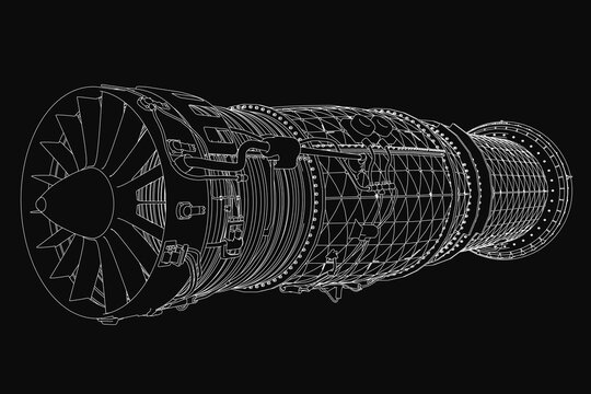 A detailed 3D model of a jet engine blueprint on a black background, showcasing intricate turbine components and precise engineering lines. The realistic design highlights advanced aircraft.