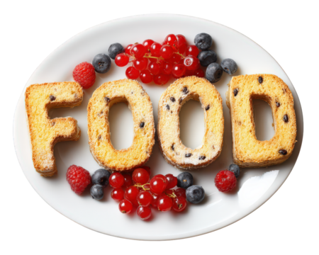 Food typography plate with edible toast letters, berries, and currants on white dish, creative breakfast concept, playful and colorful arrangement, isolated on transparency background