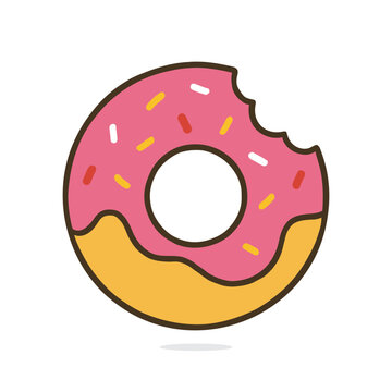 A vector graphic of a pink frosted donut with a bite taken out.