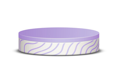 Lavender round product display podium with elegant wavy white base for showcasing items, 3D render with subtle shadow and a transparent background.

