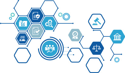 compliance icon concept: corporate mission or compliance policy or ethical management values connected icons.