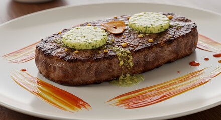 Savor the Exquisite: Pan-Seared Steak with Herb Butter and Artistic Drizzle