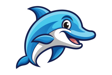 Cheerful blue cartoon dolphin smiles brightly showing its open mouth on the white background