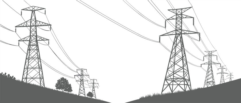 Power line tower, transmission tower with white isolate background, High voltage post or High voltage tower. Vector Illustration Png Background Template.
