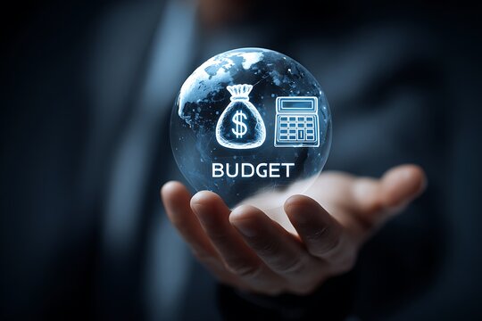 High quality photo of businessman holding the earth with an hologram icon of money bag and calculator floating above it, text "BUDGET" on black background. The concept symbolizes.