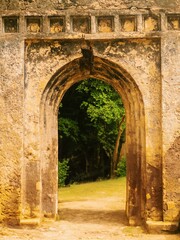 Scenic view of a Swahili door at Gede Ruins - an abandoned Swahili coastal settlement in Arabuko Sokoke Forest Reserves in Malindi, Kenya 