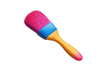 A vibrant pink bristled paintbrush with a blue ferrule and yellow handle isolated on transparent background