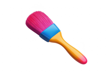 A vibrant pink bristled paintbrush with a blue ferrule and yellow handle isolated on transparent background