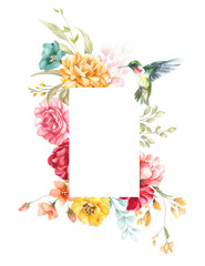 A vivid floral frame bursts with yellow, pink, and red blooms as a hummingbird hovers midair dark background adds depth to this lively, nature-inspired watercolor scene © papatong