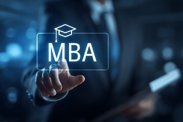 High quality photo of digital icon of an MBA degree floating above a hand on a screen, with "MBA" written in white font below it. The background is blue, with a business person.
