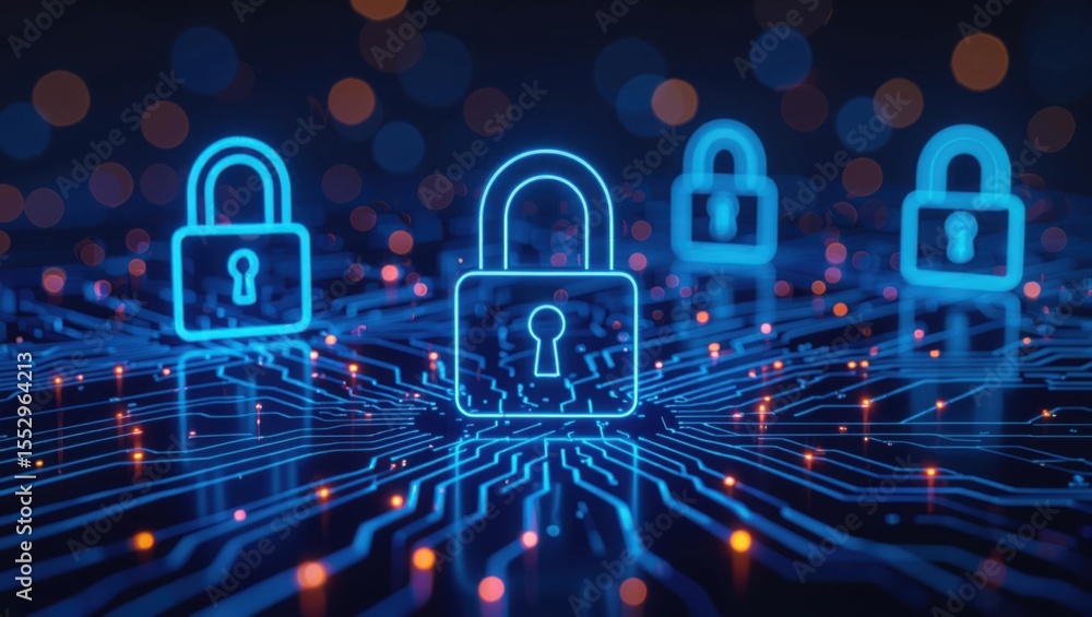 Poster digital security concept featuring glowing blue padlocks on a circuit board with bokeh lights