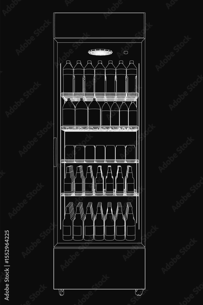 Poster a black and white contour drawing of a refrigerator stocked with neatly arranged beer bottles, showc