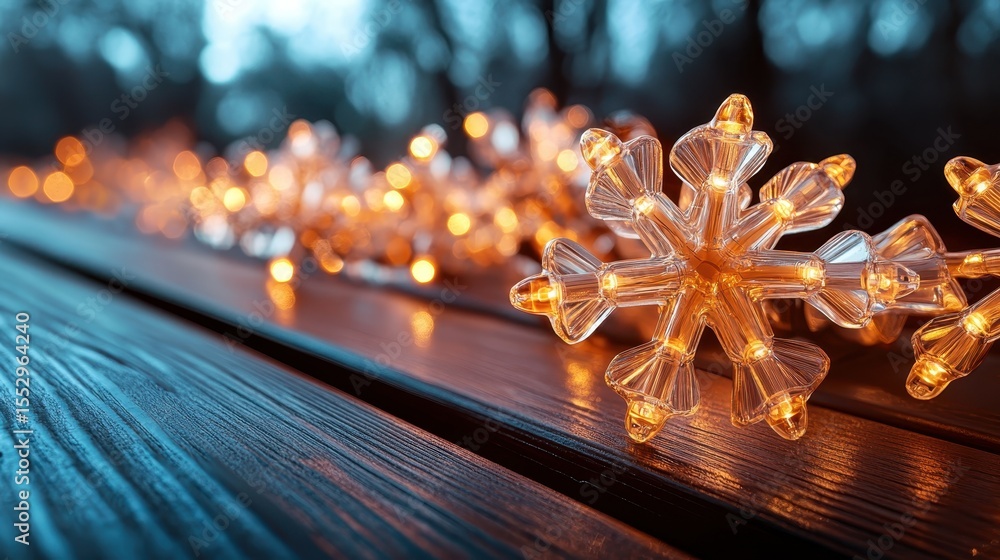Poster a stunning display of illuminated snowflake lights gracefully resting on a wooden surface, creating 
