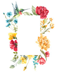 A vivid floral frame bursts with yellow, pink, and red blooms as a hummingbird hovers midair dark background adds depth to this lively, nature-inspired watercolor scene
