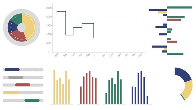 Colorful infographic elements with graphs, pie charts and diagrams isolated on white background. 4K animation for  market data analysis 