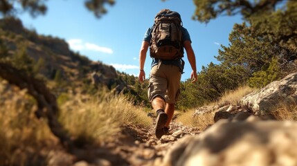 A dedicated hiker walks along a scenic mountain trail, surrounded by vibrant vegetation and rocky terrain, symbolizing the beauty of nature and the spirit of adventure.