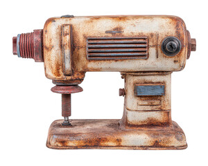 Vintage sewing machine rusty metal retro industrial style isolated on transparency background textured surface nostalgic mechanical object aged appearance horizontal orientation