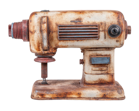 Vintage sewing machine rusty metal retro industrial style isolated on transparency background textured surface nostalgic mechanical object aged appearance horizontal orientation