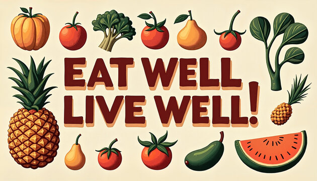 Colorful fruits and vegetables with motivational text design
