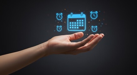 Schedule management concept with hand holding calendar and time management icons illustration