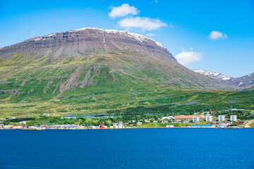 Town of Reydarfjordur in east Iceland on a summer day