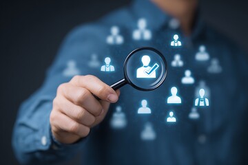 High quality photo of man holding a magnifying glass with a checkmark and a human icon on a virtual screen, representing the concept of the right choice or selection for an HR.