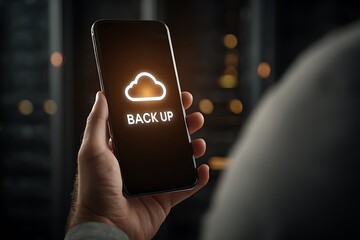 High quality photo of man holding a smartphone with a cloud symbol and the text "BACK UP" on the screen, representing a data protection concept. The man is using the phone to access.