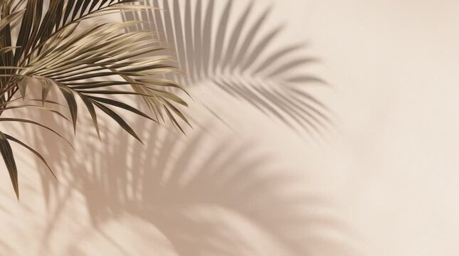 Minimalist motion background of soft palm leaf shadows slowly moving across a textured, off-white wall in a gentle breeze.

