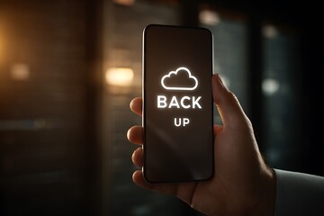 High quality photo of man holding a smartphone with a cloud symbol and the text "BACK UP" on the screen, representing a data protection concept. The man is using the phone to access.