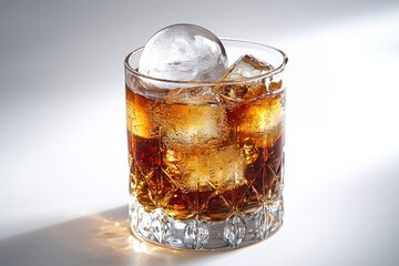 Iced beverage in crystal glass with round ice sphere and cubes against light background
